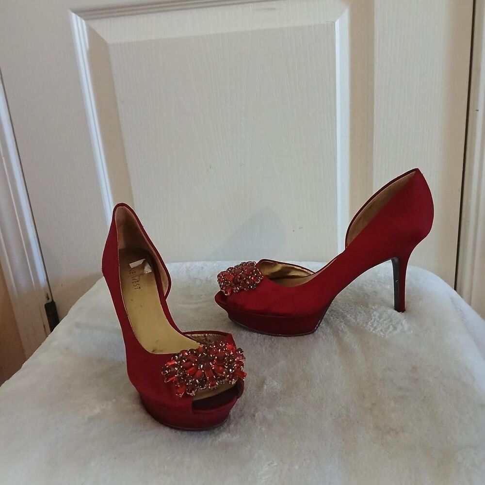 Nine West Jaquita Red Satin Bejeweled Platform Peep Toe Stiletto Heels 6.5 Glam